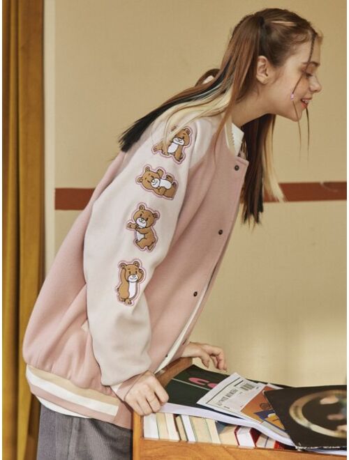Shein Bear And Letter Embroidery Raglan Sleeve Bomber Jacket