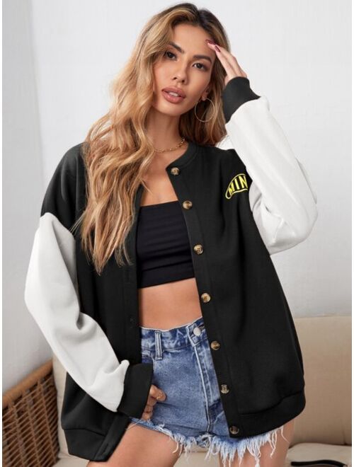 Shein Letter Graphic Colorblock Drop Shoulder Button Front Jacket