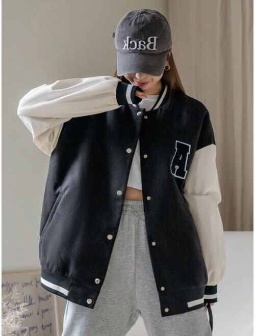 DAZY Letter Patched Color Block Drop Shoulder Varsity Jacket
