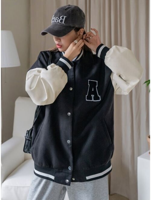 DAZY Letter Patched Color Block Drop Shoulder Varsity Jacket