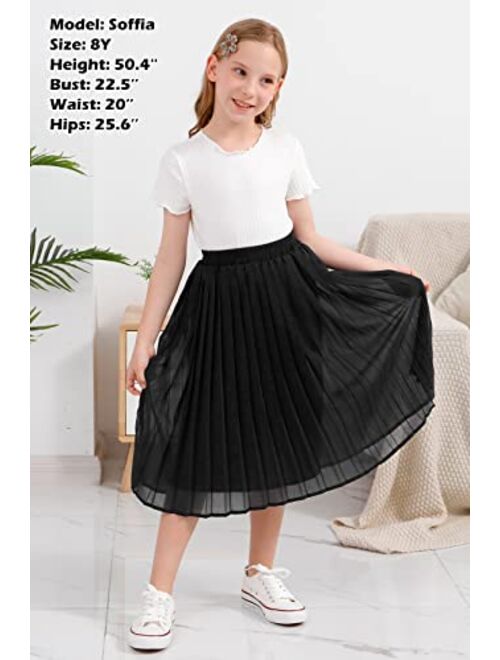 GORLYA Girls Chiffon Pleated Elastic High Waist A-Line Boho Swing Maxi Long Skirt 4-14T