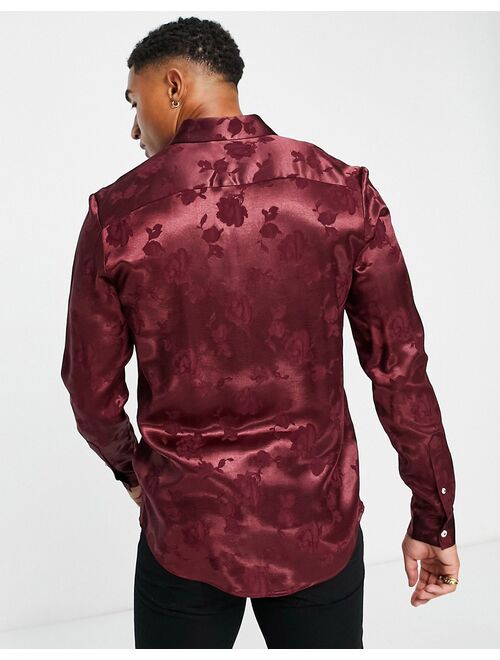 ASOS DESIGN regular satin rose jacquard shirt in burgundy