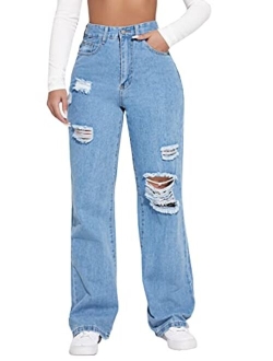 Women's High Waist Straight Leg Ripped Jeans Distressed Denim Pants