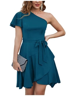 One Shoulder Dresses for Women Ruffle Short Sleeve A Line Cocktail Dresses Evening Party Dress with Belt