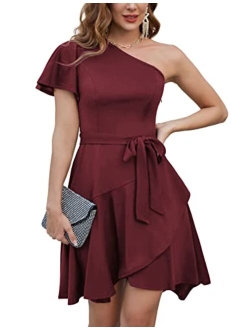 One Shoulder Dresses for Women Ruffle Short Sleeve A Line Cocktail Dresses Evening Party Dress with Belt