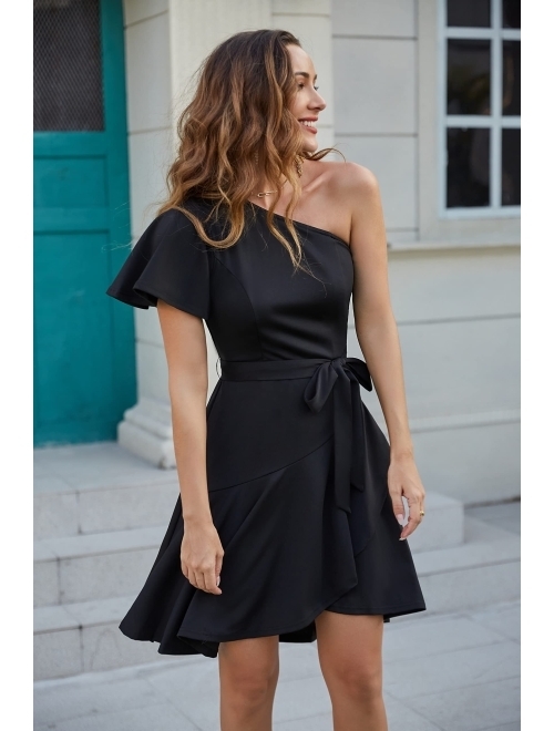 GRACE KARIN One Shoulder Dresses for Women Ruffle Short Sleeve A Line Cocktail Dresses Evening Party Dress with Belt