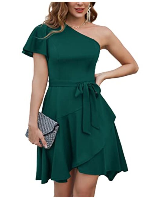 GRACE KARIN One Shoulder Dresses for Women Ruffle Short Sleeve A Line Cocktail Dresses Evening Party Dress with Belt