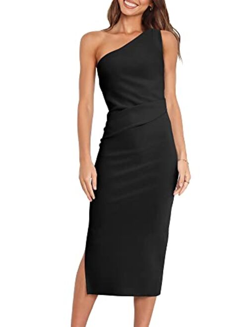 ANRABESS Women's Summer One Shoulder Ruched Bodycon Sleeveless Slit Cocktail Party Wedding Midi Dresses