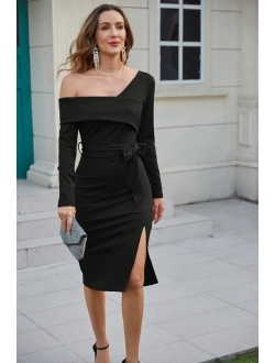 Women's Off The Shoulder Bodycon Cocktail Dresses Asymmetrical Neck Long Sleeve Pencil Dress with Slit