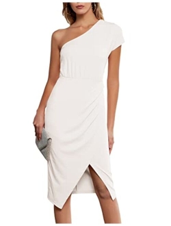 Womens Summer Bodycon Wrap Dress One Shoulder Slit Midi Dress