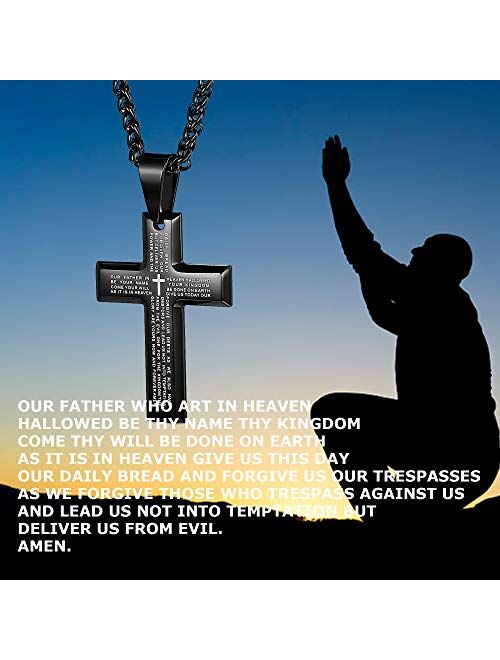 Jstyle 2Pcs Stainless Steel Black Dog Tag Cross Necklace Pendant Necklace for Men Lord's Prayer Necklace Military Tag with Rolo Chain Wheat Chain