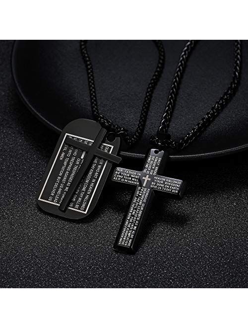 Jstyle 2Pcs Stainless Steel Black Dog Tag Cross Necklace Pendant Necklace for Men Lord's Prayer Necklace Military Tag with Rolo Chain Wheat Chain