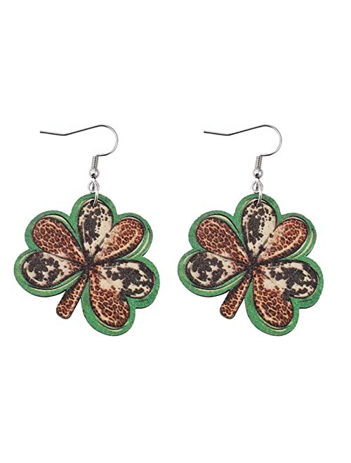 Teting Gining St. Patrick's Day Irish Shamrock Hat Shape Wooden Dangle Earrings Dainty Green Leaf Wood Earrings for Women Girls Jewelry