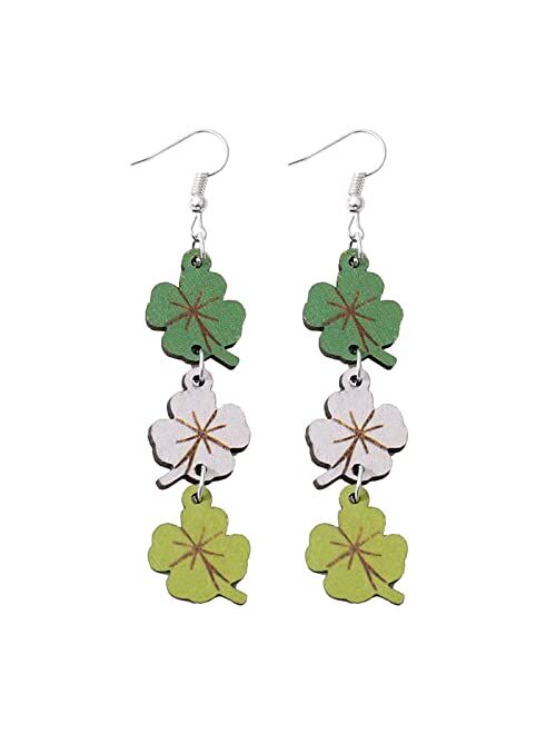 Teting Gining St. Patrick's Day Irish Shamrock Hat Shape Wooden Dangle Earrings Dainty Green Leaf Wood Earrings for Women Girls Jewelry