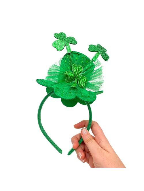 Needzo Little Top Hat St. Patrick's Day Sequin Headband, Green Hair Accessory With Clovers and Tulle for Holidays and Themed Parties, One Size Fits Most