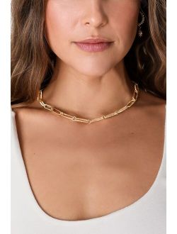 Glam Arrival Gold Textured Rectangular Chain Necklace