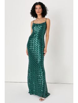 Stop and Glow Emerald Green Sequin Cowl Neck Maxi Dress