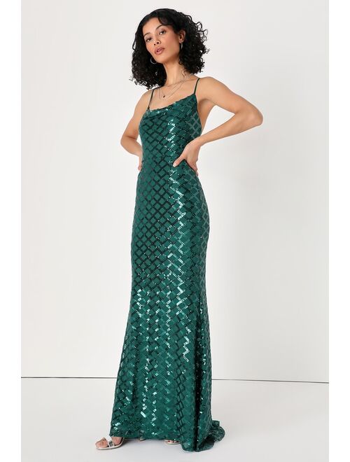 Lulus Stop and Glow Emerald Green Sequin Cowl Neck Maxi Dress