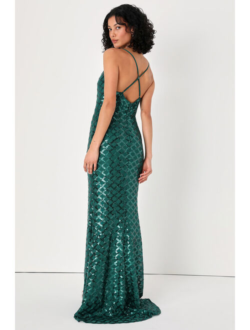 Lulus Stop and Glow Emerald Green Sequin Cowl Neck Maxi Dress