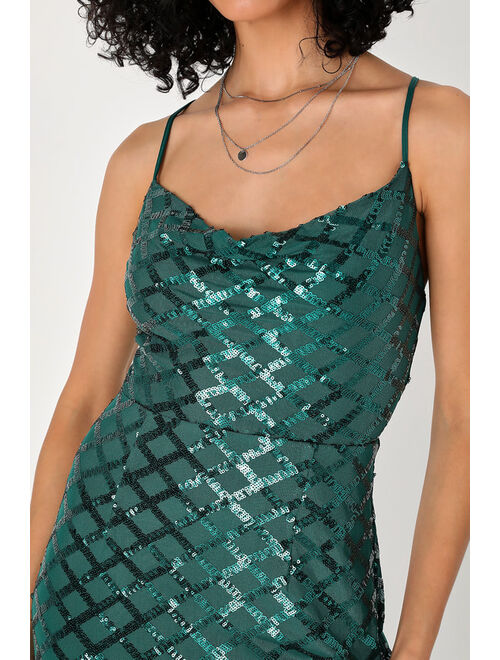 Lulus Stop and Glow Emerald Green Sequin Cowl Neck Maxi Dress