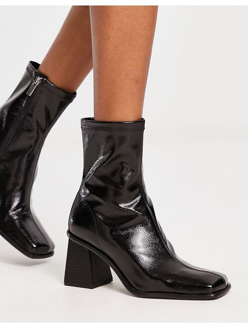 Pull&Bear square toe patent heeled boots in black