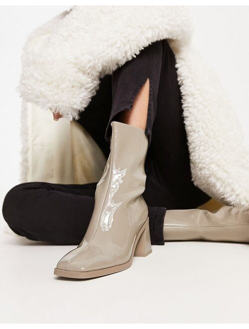 Monki vegan patent heeled boot in taupe