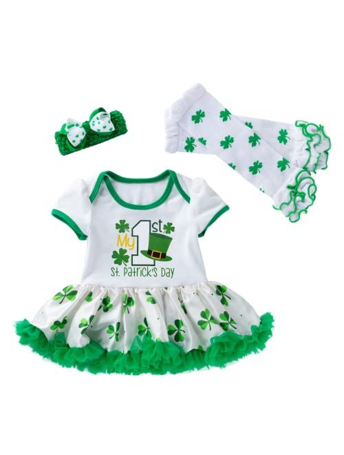 Noubeau My 1st St. Patrick's Day Newborn Baby Girls Outfit Green Hat Shamrock Print Tutu Dress Ruffled Romper Bodysuit Leg Warmers