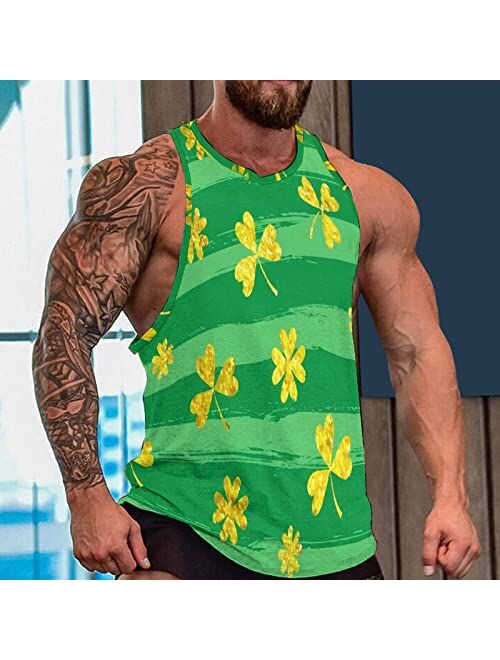 Generic Mens Summer St. Patrick's Day Beach Tank Top Loose Casual Sleeveless Tank Shirts Shamrock Full Printed Hawaiian Beach Tops