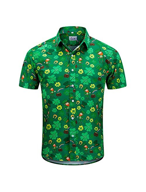 EUOW St. Patrick's Day Hawaiian Shirt for Men Irish Printed Casual Short Sleeve Button Down Beach Shirts