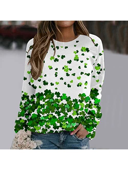 Wicvik St Patricks Day Shirt, Women's Four Leaf Clover Shirt Tops Long Sleeve Casual Shamrock T-Shirts Plus Size Loose Jumper