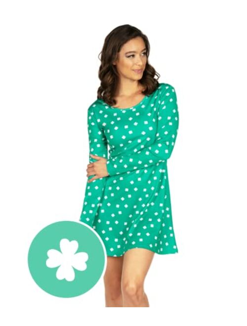 Tipsy Elves Women's Allover Print Dresses for St. Patricks Day - Clover and Charms Long Sleeve Dress for St. Paddy's