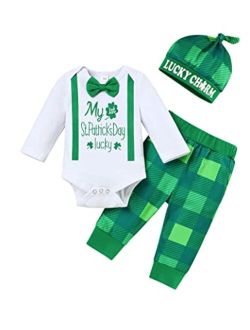 Esobrerie My First St. Patricks Day Outfits Newborn Baby Boy Shamrocks Bow Tie Romper Plaid Pants with Hat Clothes