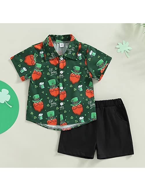 Youweixiong Toddler Baby Boy St. Patrick's Day Outfits Clover Short Sleeve Button Down Shirt Top Solid Shorts Set Summer Clothes 2Pcs