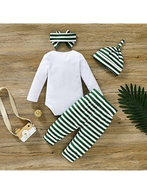 ZOELNIC My 1st St.Patrick's Day Outfits Baby Boys Girls Letter Print Romper+Striped Pants+Hat+Headband 4Pcs Unisex Clothes