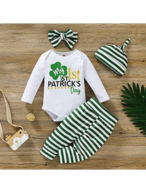 ZOELNIC My 1st St.Patrick's Day Outfits Baby Boys Girls Letter Print Romper+Striped Pants+Hat+Headband 4Pcs Unisex Clothes