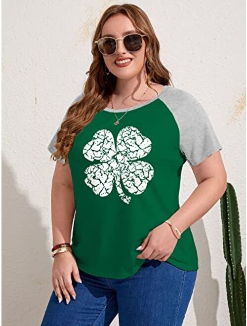 Hdlte Plus Size St Patricks Day Shirt Women Retro Irish Flag Graphic V-Neck Color Block Splicing Tops(2X-5X)