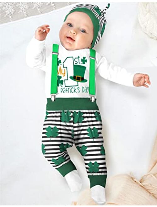 AGAPENG St Patricks Day Baby Boy Outfit My First St Patricks Long Sleeve Romper Four Leaf Clover Stripe Suspenders Pants Hat