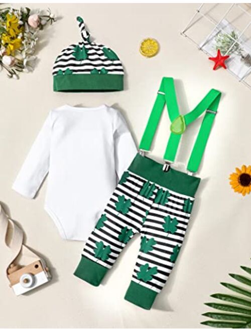 AGAPENG St Patricks Day Baby Boy Outfit My First St Patricks Long Sleeve Romper Four Leaf Clover Stripe Suspenders Pants Hat