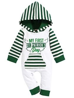 WALSONER My First St Patrick's Outfit Baby Boy Stripe Hooded Romper Bodysuit St.Patrick's Day Clothes
