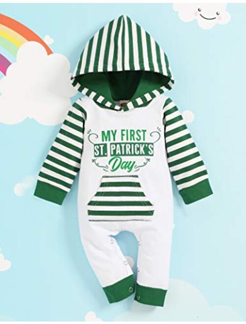 WALSONER My First St Patrick's Outfit Baby Boy Stripe Hooded Romper Bodysuit St.Patrick's Day Clothes
