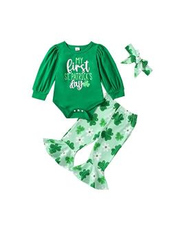Muasaaluxi My First St. Patrick's Day Baby Girl Outfit Green Long Sleeve Romper Four Leaf Clover Flared Pants Headband Set