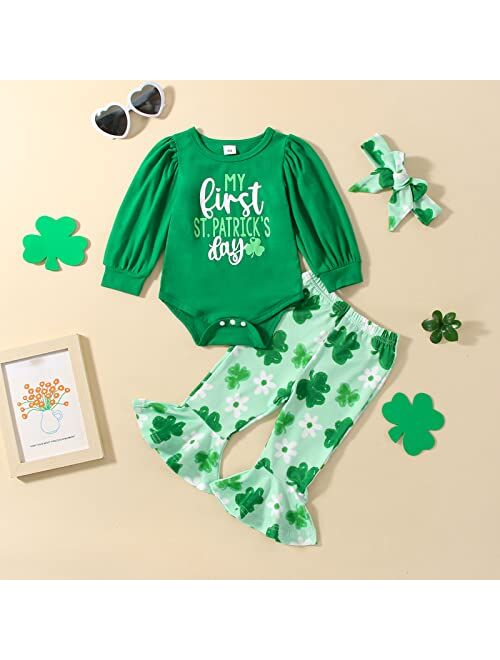Muasaaluxi My First St. Patrick's Day Baby Girl Outfit Green Long Sleeve Romper Four Leaf Clover Flared Pants Headband Set