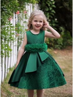 Girls Contrast Lace Bow Fit And Flare Dress