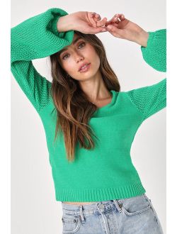 Modern Essential Green Pointelle Balloon Sleeve Pullover Sweater