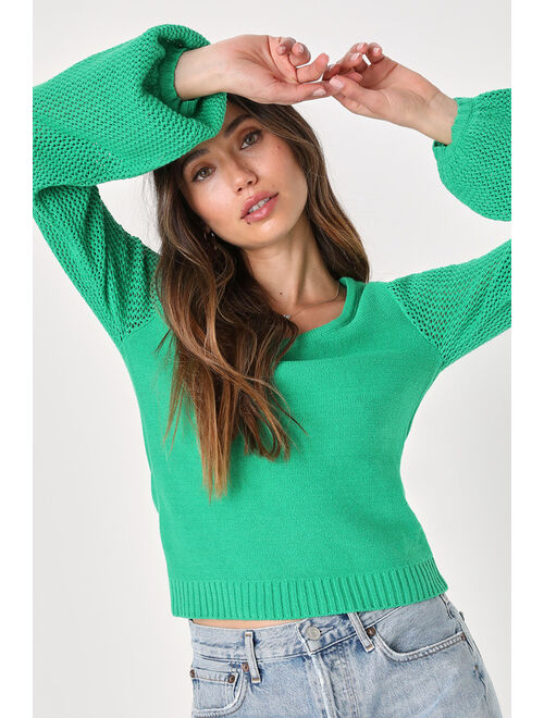 Lulus Modern Essential Green Pointelle Balloon Sleeve Pullover Sweater