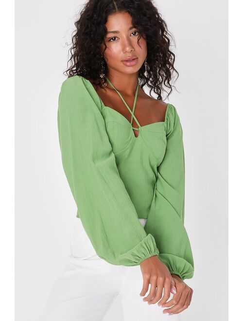 Lulus Effortless Cutie Green Halter Neck Long Sleeve Crop Top
