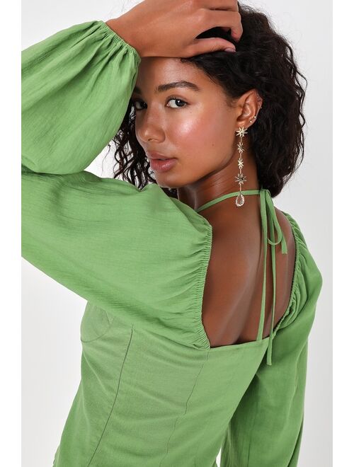Lulus Effortless Cutie Green Halter Neck Long Sleeve Crop Top