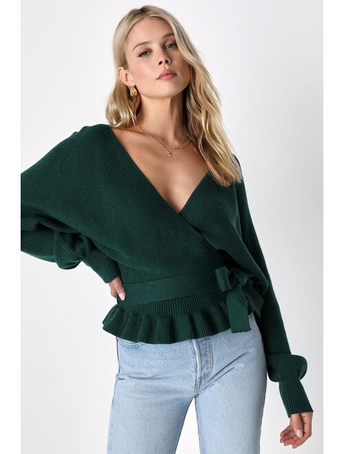 Lulus Sweet and Sophisticated Hunter Green Knit Faux-Wrap Sweater