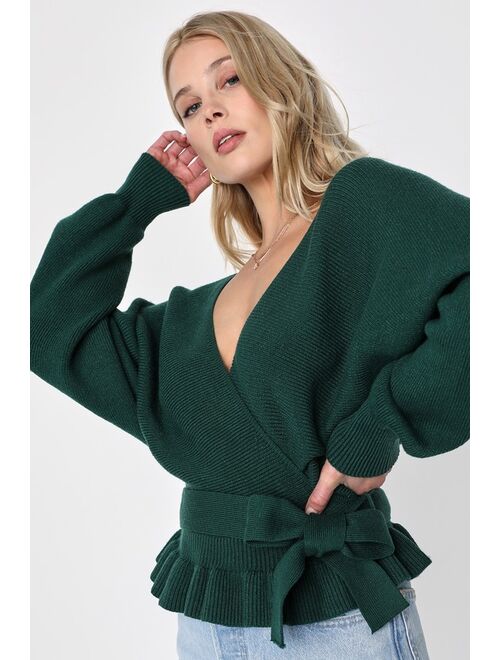 Lulus Sweet and Sophisticated Hunter Green Knit Faux-Wrap Sweater