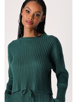 Ready to Cuddle Emerald Green Ribbed Cropped Sweater Top